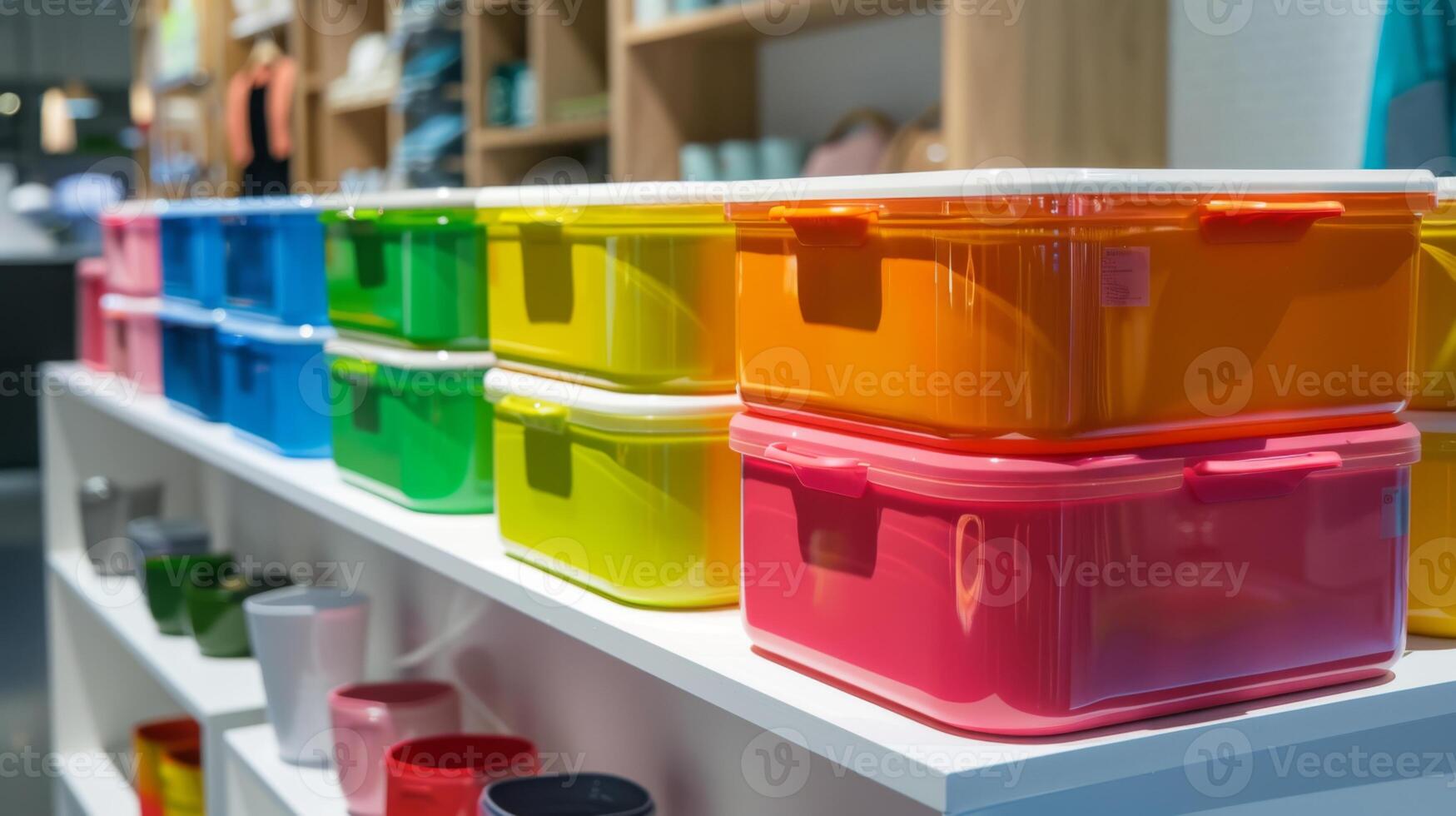 Brightly colored plastic storage containers in various hues are neatly stacked on a white shelf in a contemporary retail setting, showcasing their vibrant designs and organizational potential. photo