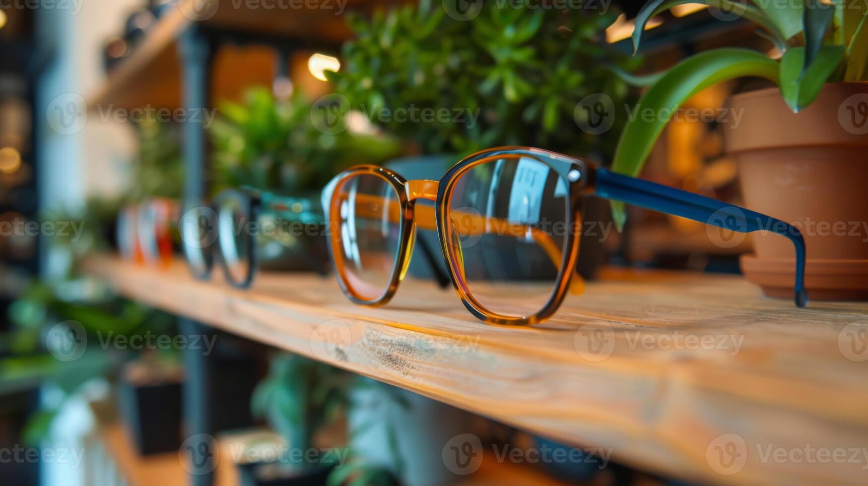 Colorful eyeglasses are elegantly arranged on a wooden shelf in a modern store, surrounded by thriving plants and engaging design elements, inviting customers to explore fashionable options. photo