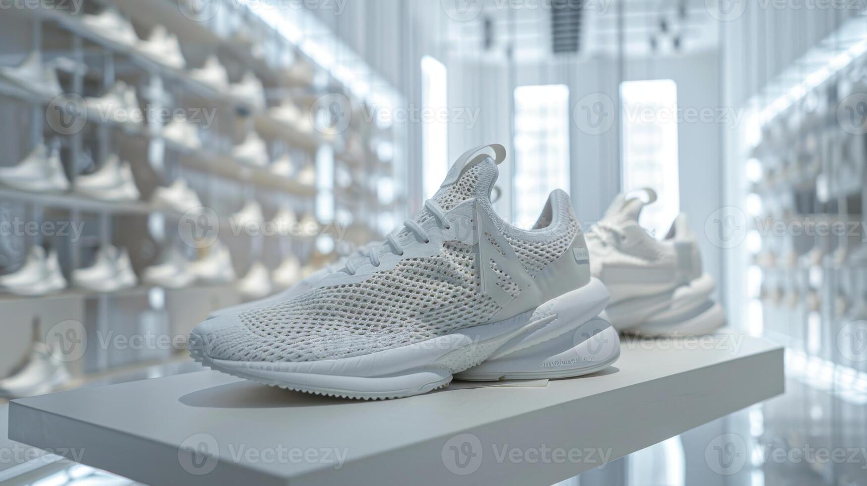 A pair of stylish white athletic shoes is centered on a display in a contemporary showroom. The background features soft lighting and neatly arranged footwear, creating a clean visual impact. photo