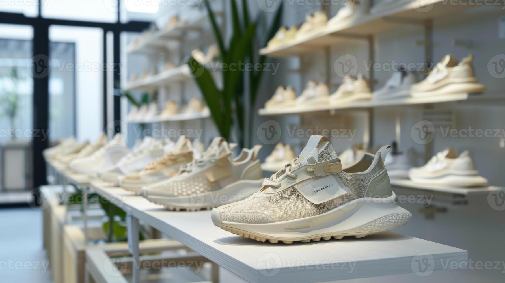 Brightly lit store featuring a clean display of contemporary athletic shoes arranged neatly on white shelves, emphasizing design and style. photo