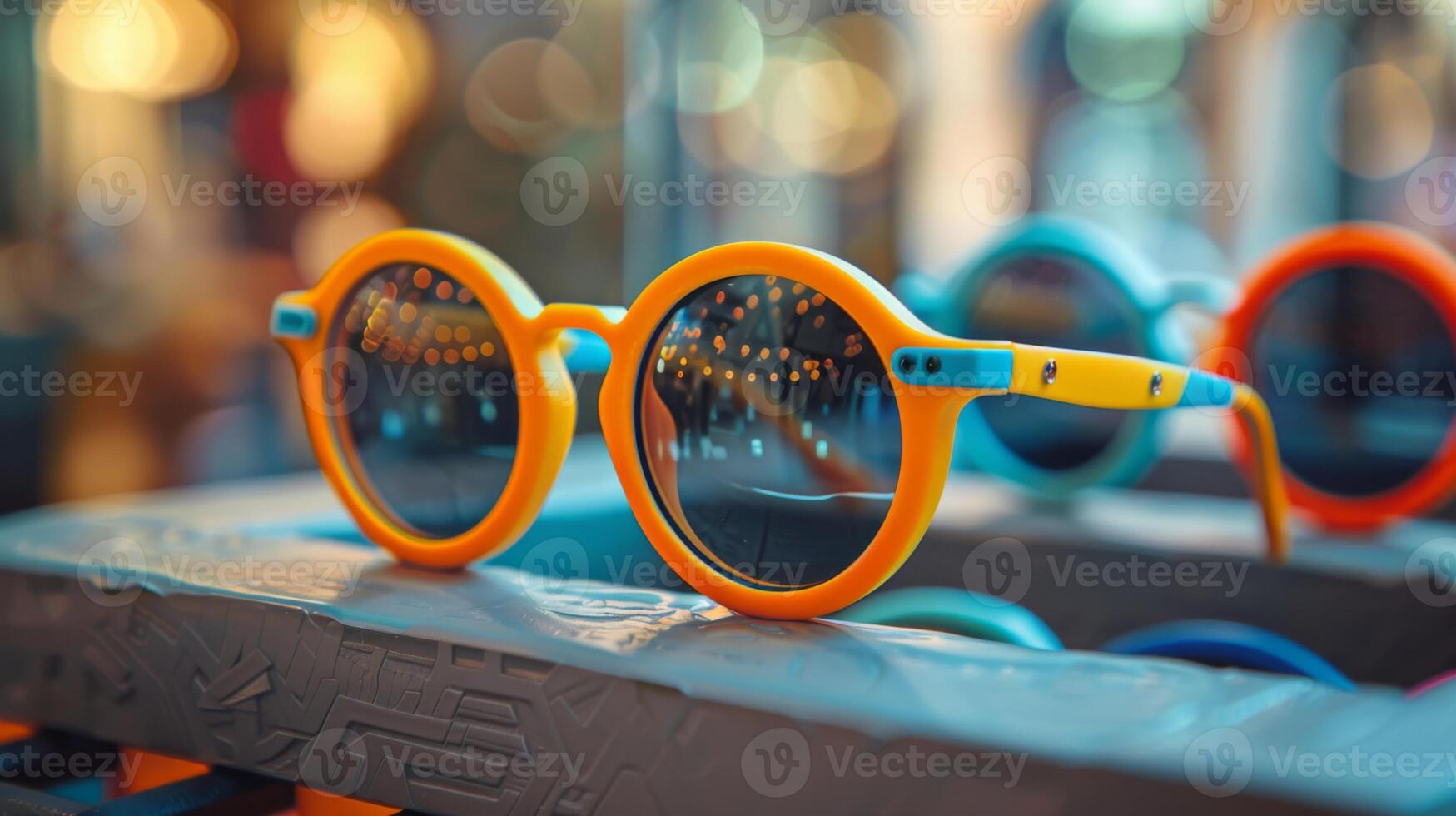 Brightly colored round sunglasses in orange and blue rest on a display rack. The warm afternoon light enhances the playful atmosphere of the bustling marketplace. photo