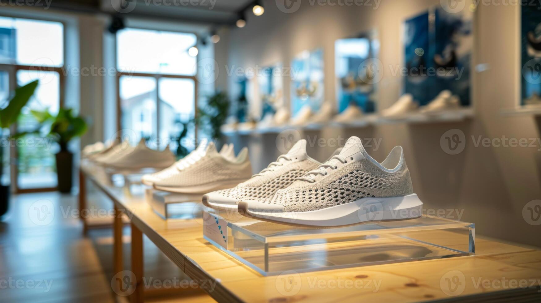 A collection of sleek white athletic shoes is showcased on clear stands in a well lit showroom. The minimalist design features plants and artworks adorning the walls, enhancing the atmosphere. photo
