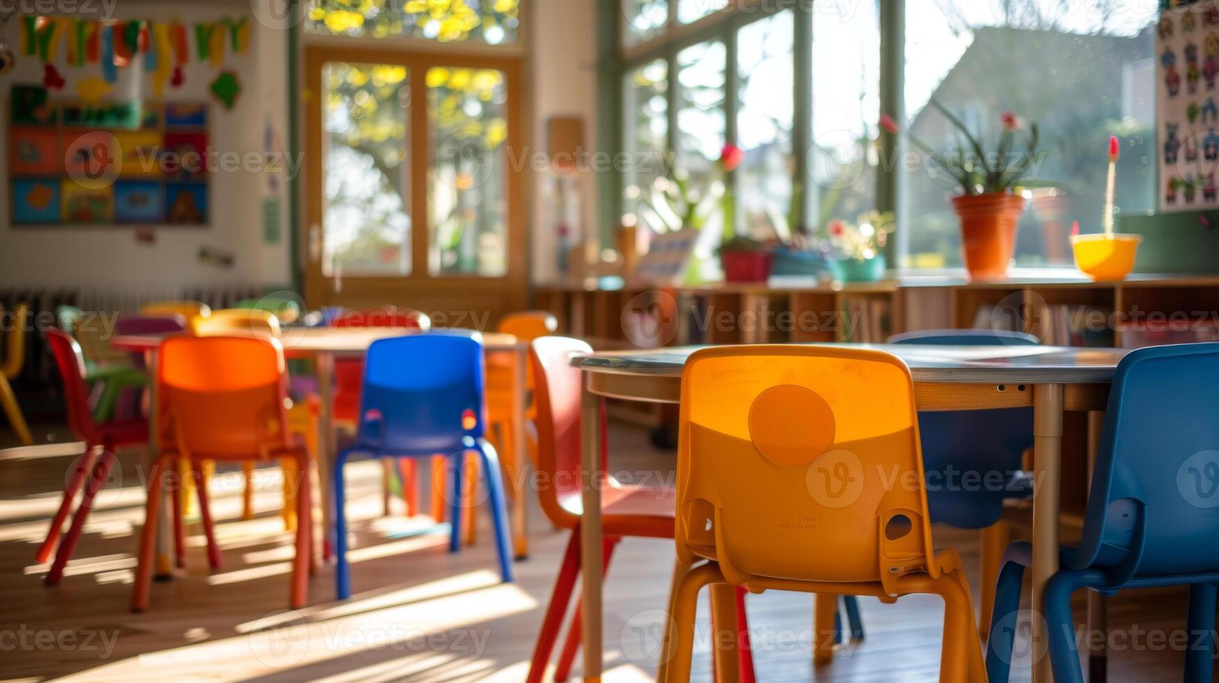 Brightly colored chairs in various hues surround a central table in a well lit classroom filled with natural light from large windows, creating a cheerful learning environment. photo