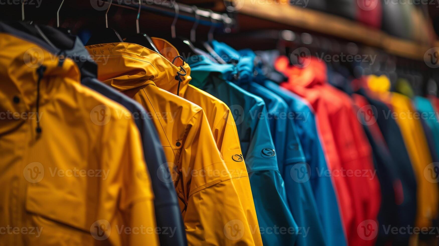 Brightly colored outdoor jackets are neatly arranged on hangers in a retail store, showcasing a variety of hues perfect for adventurous activities in a cool environment. photo