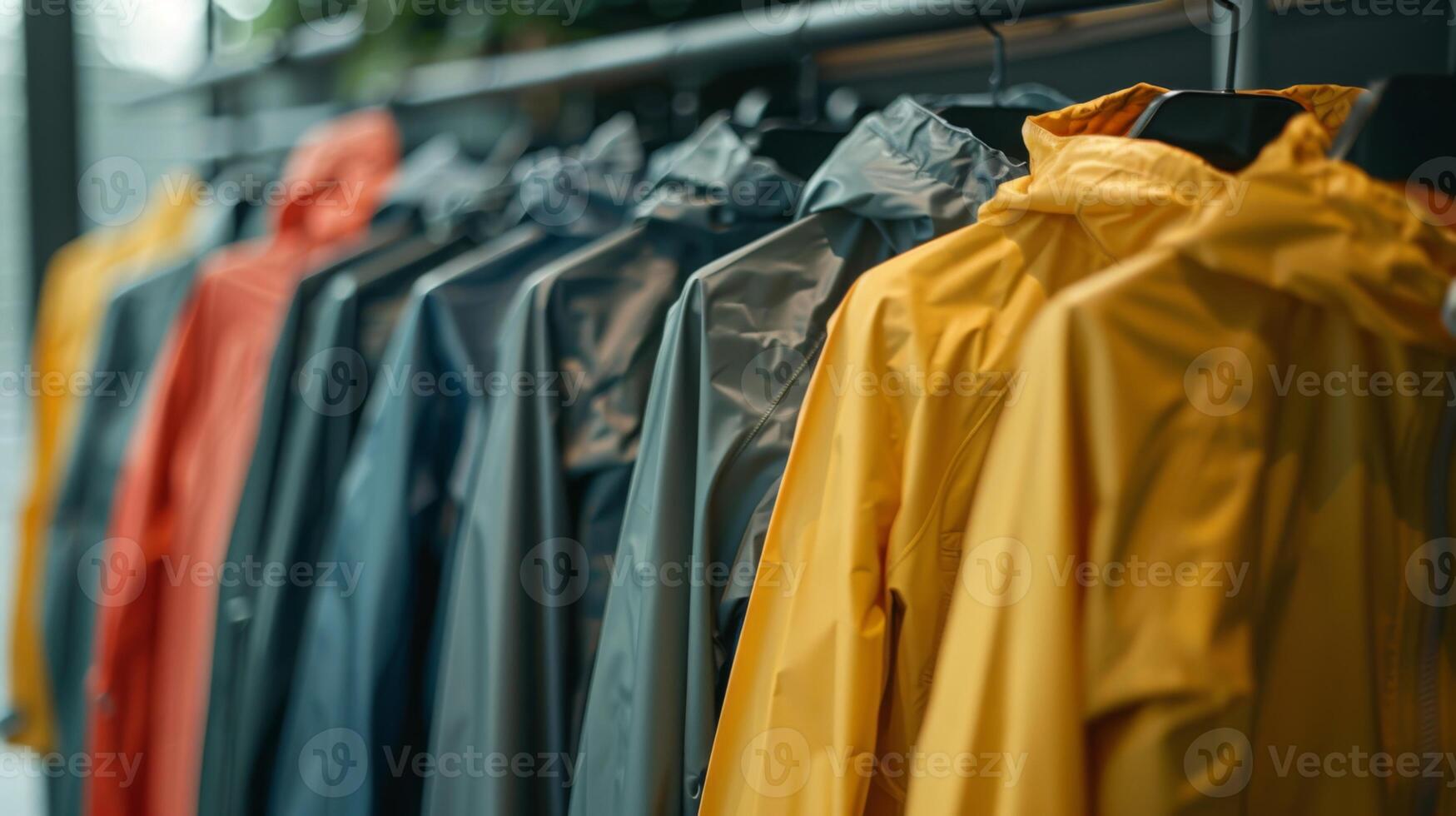 A row of vibrant raincoats hangs neatly on display in a retail store. The warm afternoon light streams in, highlighting the bright colors and sleek designs of each coat. photo