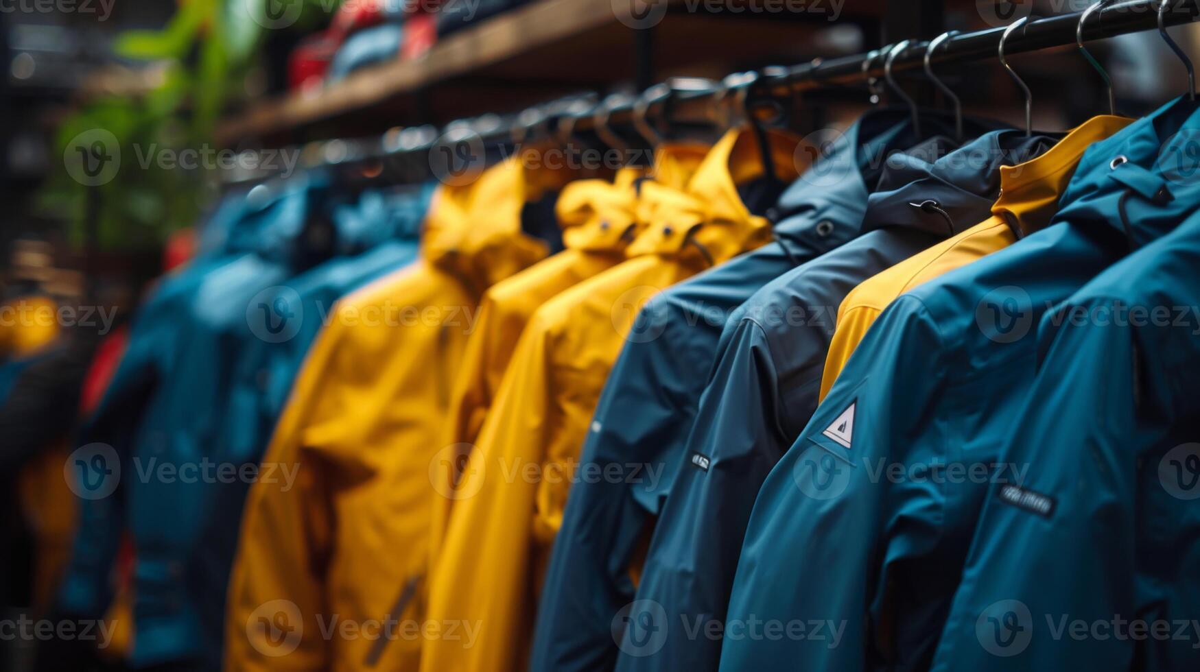 Vibrant jackets hang on racks in a store dedicated to outdoor gear, featuring an array of colors and styles ideal for hiking, camping, and other adventures. photo