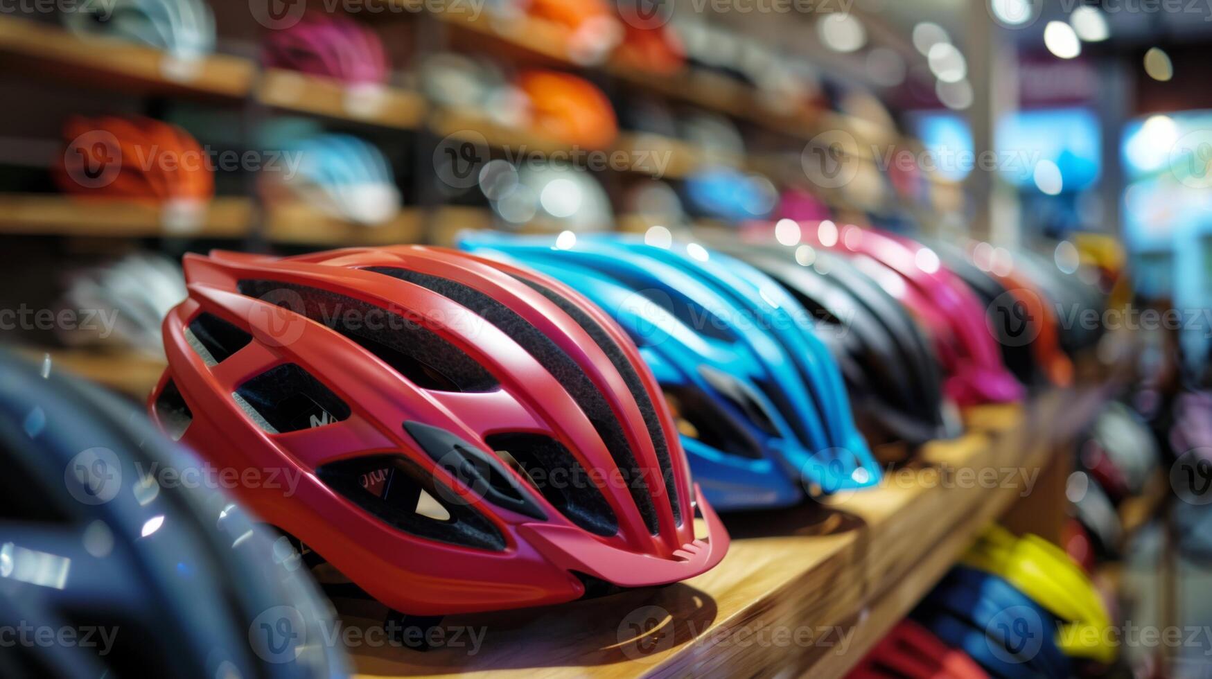 A row of vibrant bicycle helmets is neatly arranged on wooden shelves in a retail store, attracting cyclists and safety conscious shoppers. The colors vary, highlighting different designs. photo