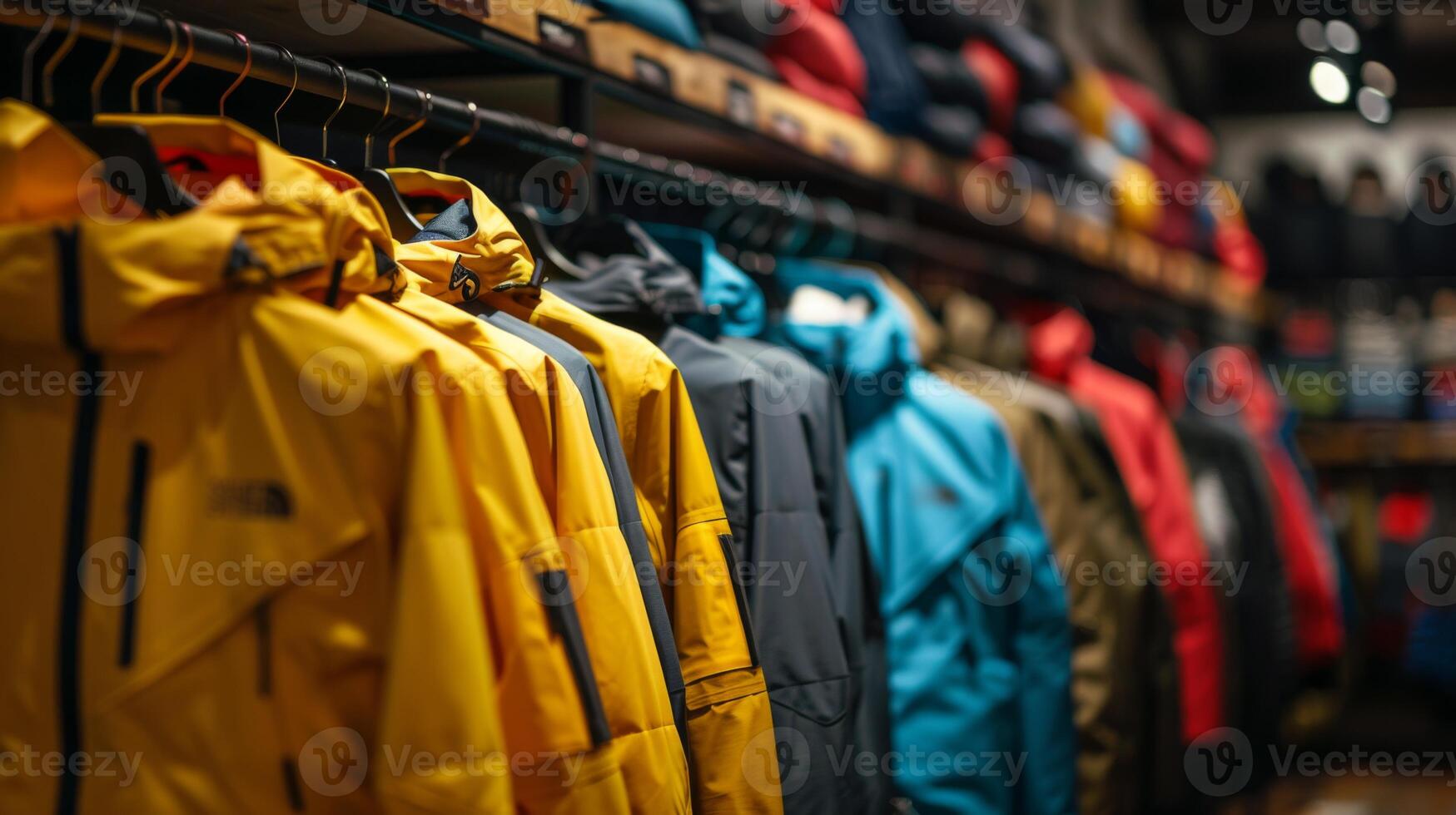 A variety of colorful jackets is neatly arranged on hangers in a retail store dedicated to outdoor gear. The vibrant colors highlight different styles suitable for different weather conditions. photo