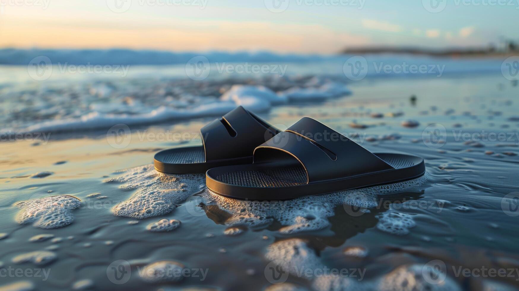 Footwear is placed on the wet sand, with ocean waves softly crashing nearby. The sun sets in the background, casting warm hues over the scene. photo