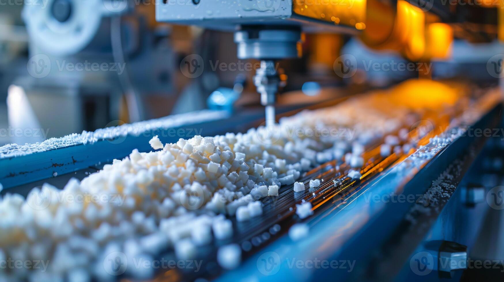 Machinery efficiently cuts and sorts small pieces of material on a conveyor belt in a factory, highlighting modern manufacturing techniques and processes during daylight hours. photo