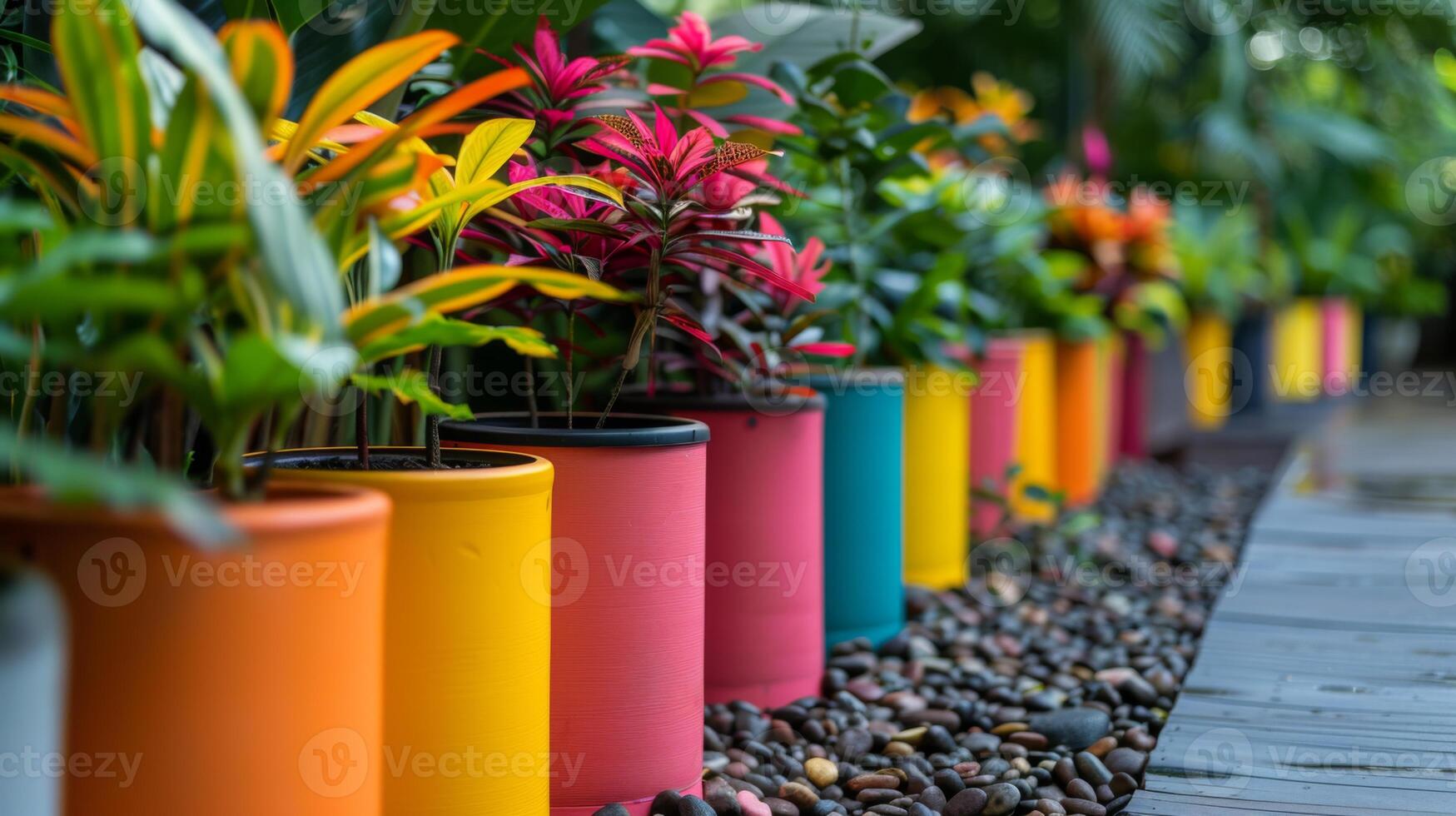 Brightly colored pots line a garden pathway, showcasing a variety of tropical plants and lush greenery under the soft sunlight, creating a vibrant and inviting atmosphere. photo