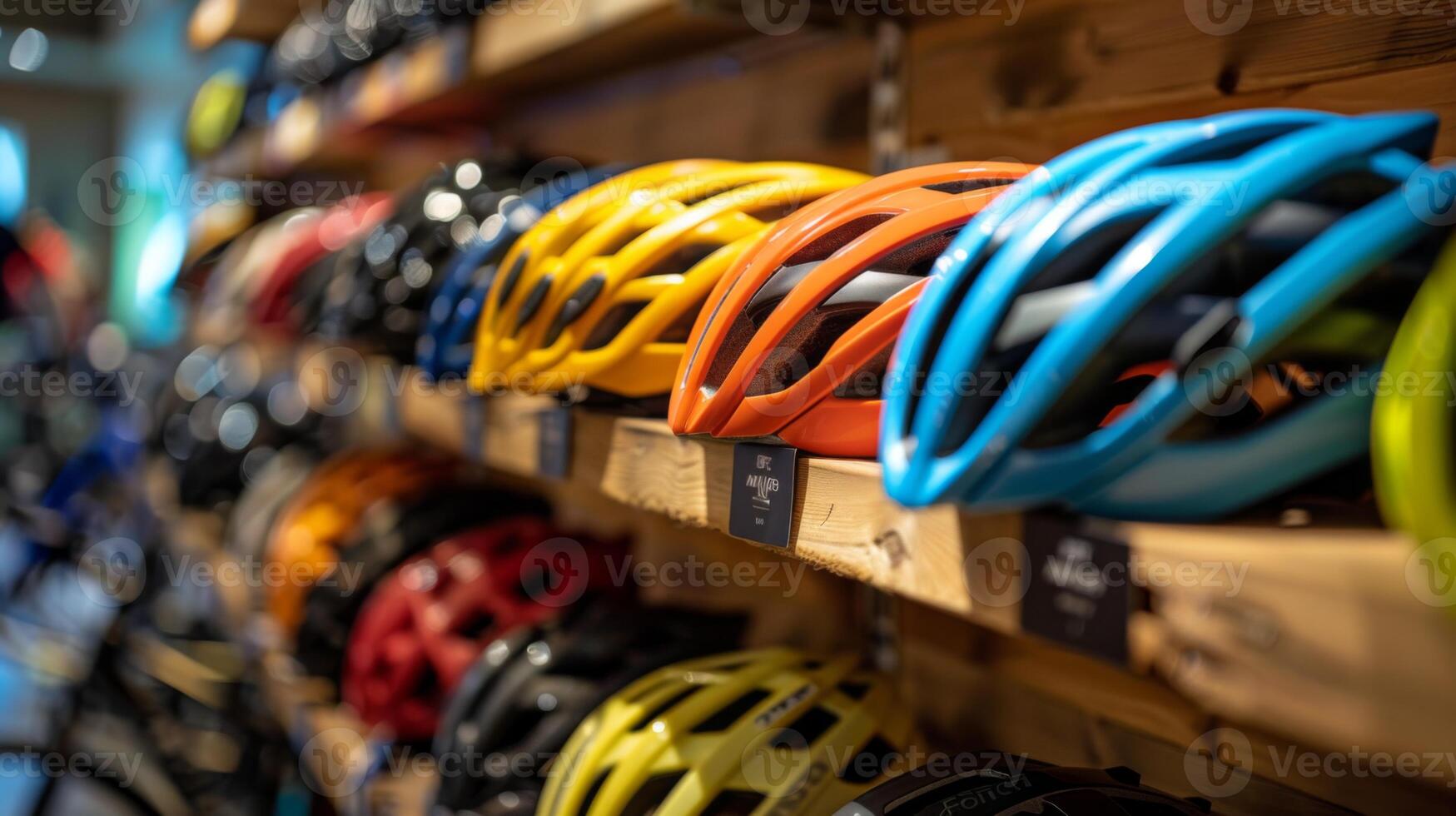 Brightly colored cycling helmets arranged neatly on wooden shelves in a bike shop. The display showcases various styles and colors, attracting customers to explore biking gear. photo