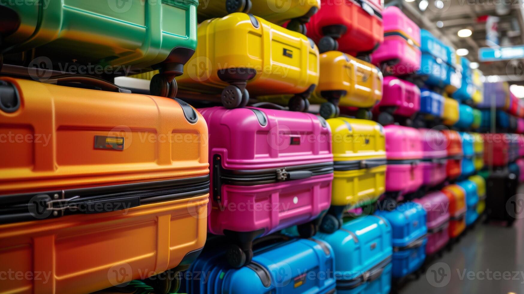 Stacked luggage in a retail environment features bright colors and various sizes, attracting attention from shoppers looking for durable travel solutions during peak shopping season photo