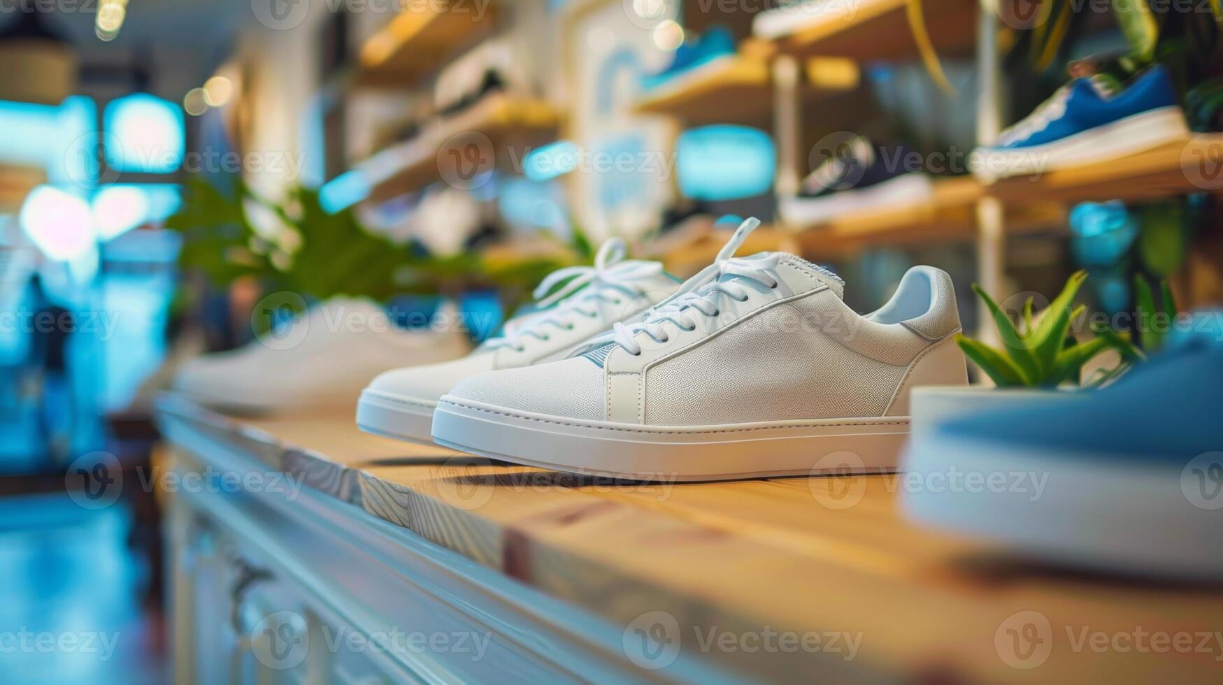 White sneakers are showcased on a wooden shelf in a trendy footwear shop filled with natural light and greenery, highlighting the contemporary design and clean aesthetics of the collection. photo