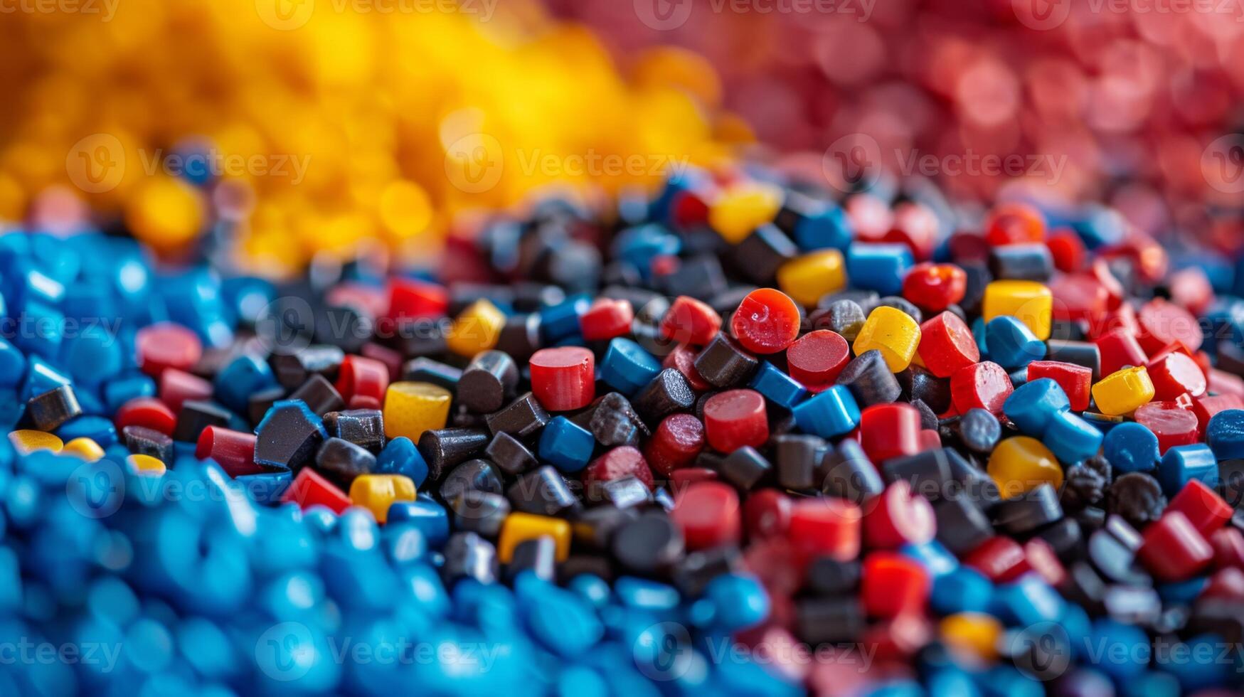 Brightly colored plastic pellets are scattered across a surface, featuring shades of blue, red, yellow, and black. photo
