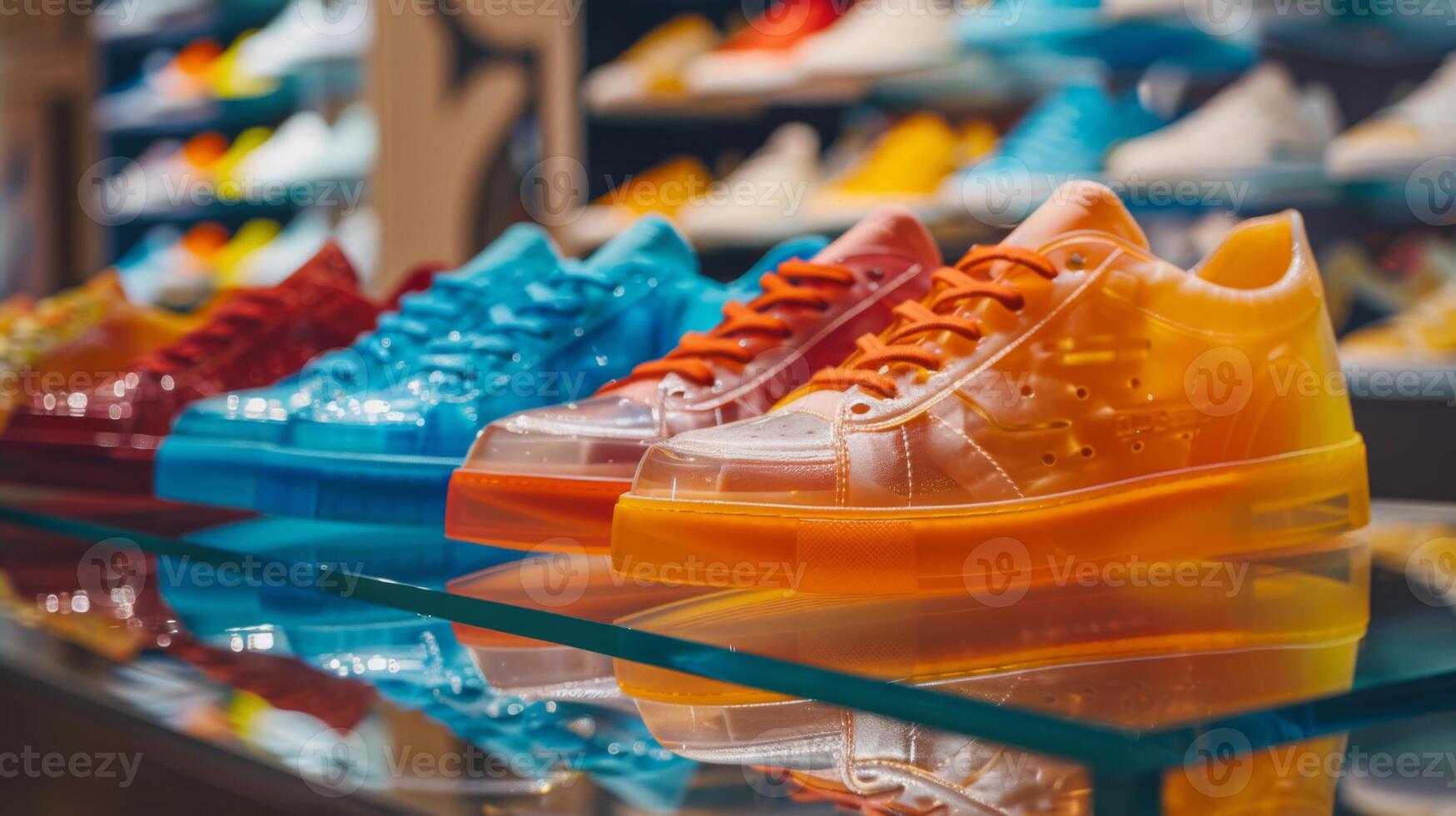 Brightly colored transparent sneakers are arranged neatly on a glass table in a modern retail store. The footwear features various vibrant hues, attracting attention from shoppers. photo