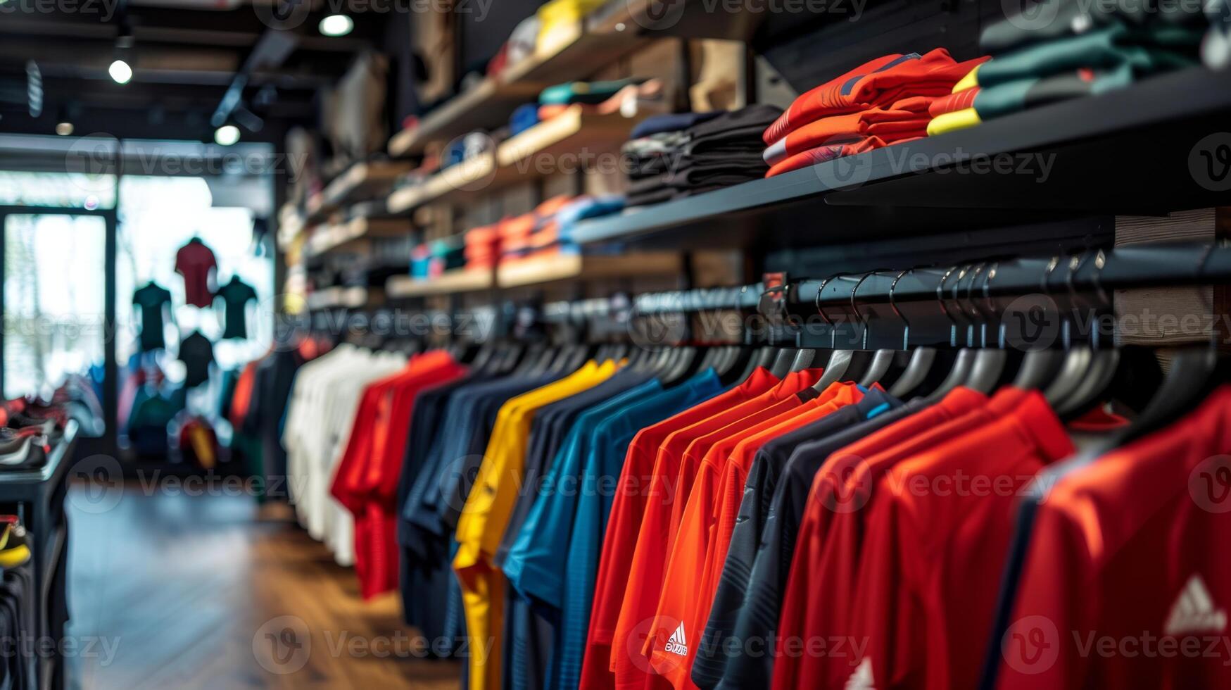 Rows of vibrant sports shirts hang neatly in a well lit retail store. The design is sleek, and customers browse through a variety of options available for purchase. photo