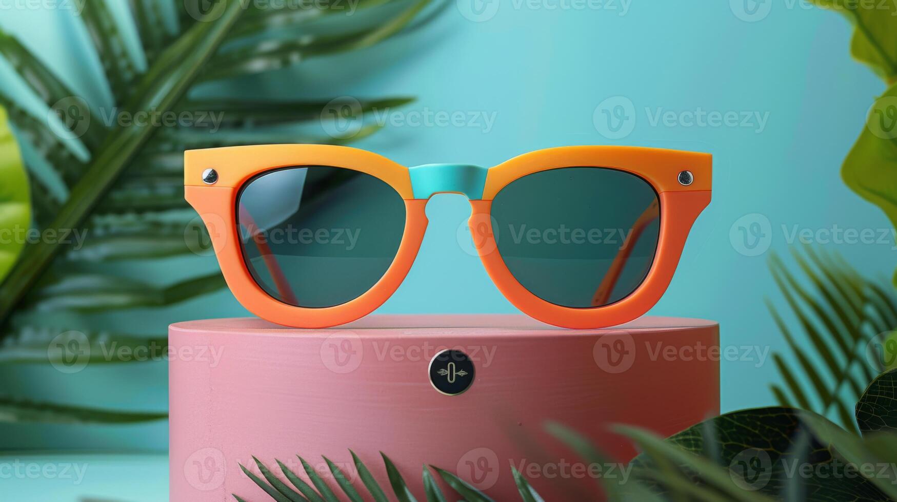 Colorful sunglasses rest on a pink pedestal surrounded by lush green tropical leaves, showcasing a contemporary design in a bright and inviting environment. photo
