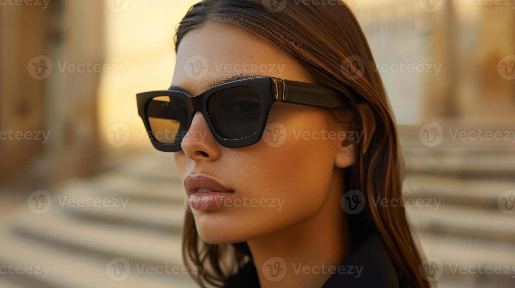 A woman with long hair showcases trendy black sunglasses while standing on outdoor steps, capturing the attention of passersby during sunset. photo