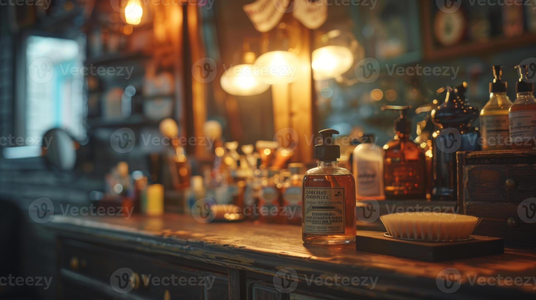 The cozy barbershop displays a variety of grooming products on a wooden counter, illuminated by warm lighting, creating a nostalgic atmosphere filled with vintage charm. photo
