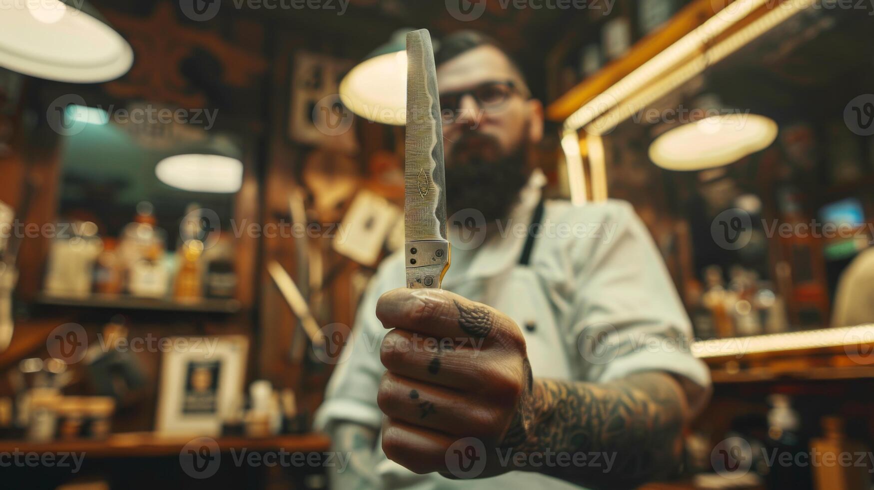 Barber stands proudly in a vintage barbershop, holding a straight razor with intricate details. The warm lighting creates an inviting atmosphere for clients seeking grooming services. photo