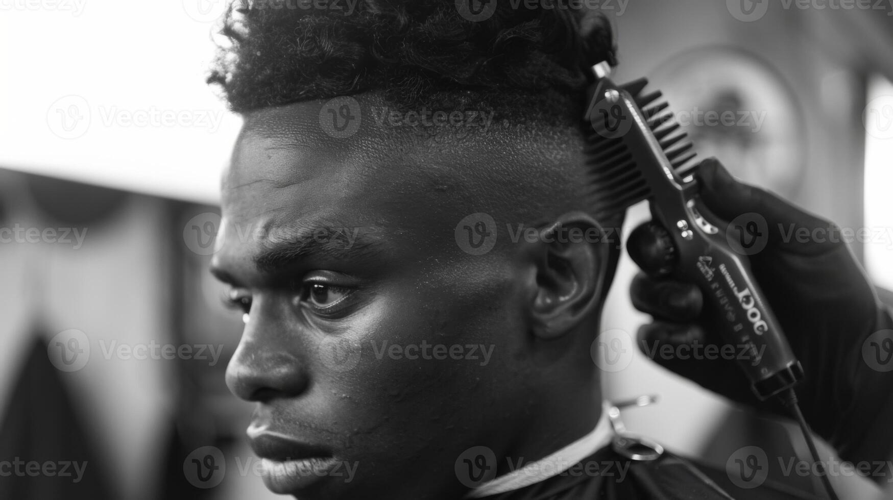 Individual is seated in a barbershop chair, concentrating as a barber skillfully trims their hair. The atmosphere is casual and bright, with tools nearby. photo