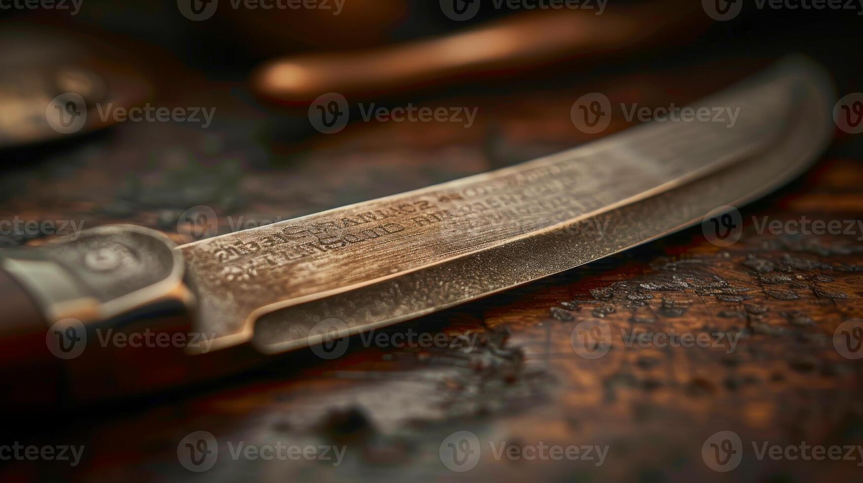 An aged knife with a well worn blade and wooden handle rests on a rustic wooden surface showcasing rich textures and grains, reflecting the artistry of traditional craftsmanship. photo