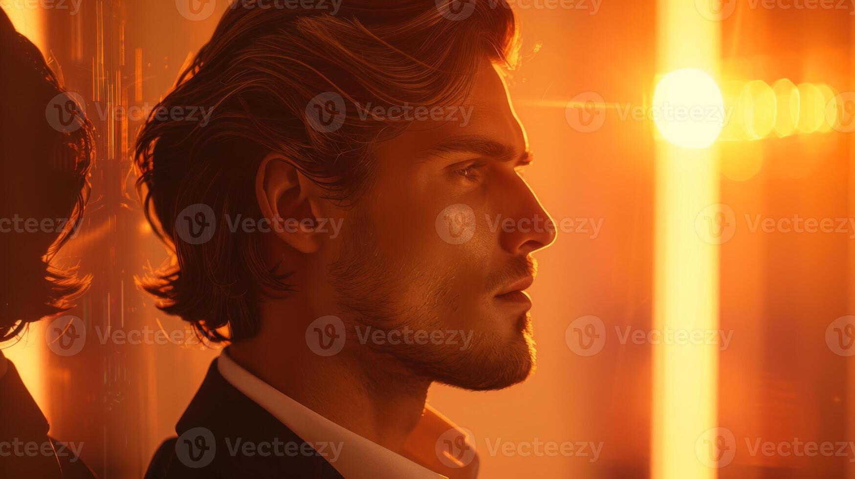 A young man stands in profile, exuding confidence as the warm hues of a sunset illuminate his features, creating a striking silhouette. Soft light enhances his sophisticated appearance. photo