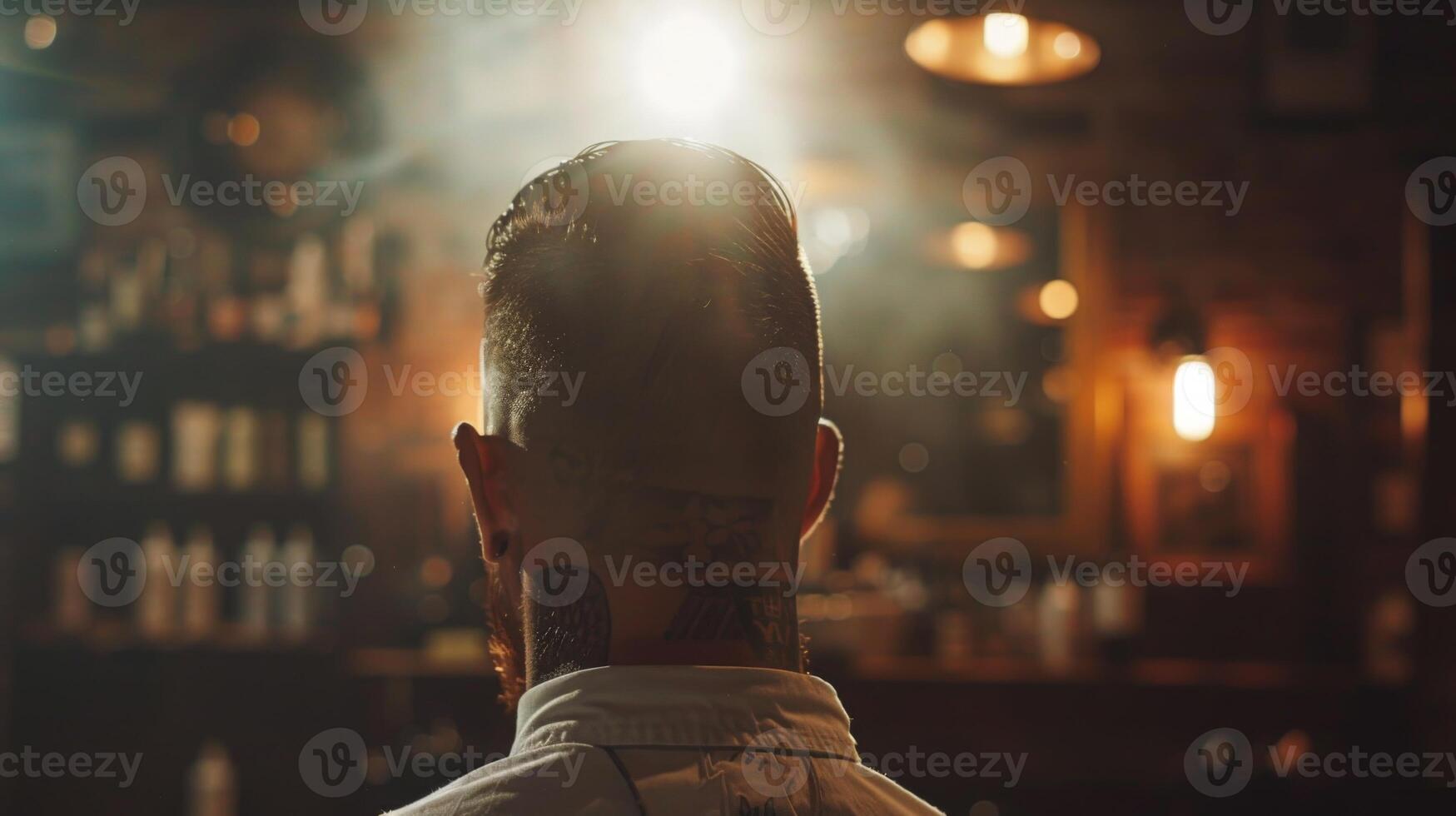 A barber stands at the center of a chic barbershop, wearing a white shirt. The space is filled with warm light reflecting on polished surfaces, enhancing the atmospheric experience. photo
