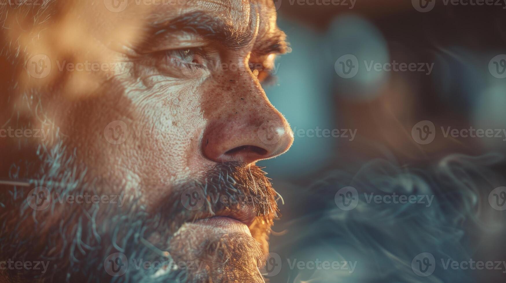 A man with a rugged beard sits in a dimly lit setting, his expression thoughtful as smoke swirls around him, creating a serene and contemplative atmosphere that draws attention photo