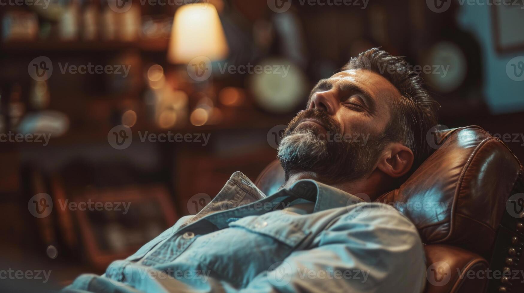 A man with a beard sits back in a leather chair, eyes closed and face relaxed, enjoying a peaceful moment in a softly lit room filled with vintage decor and warm ambiance. photo