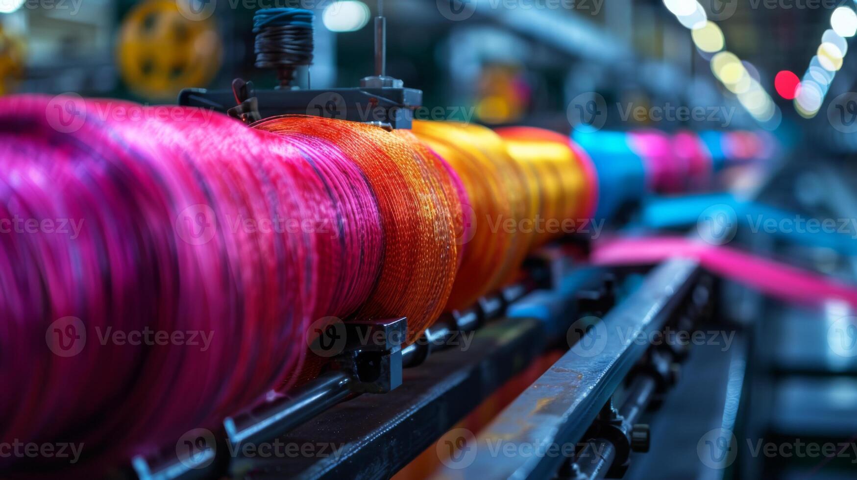 Vibrant spools of colorful thread are moving along a manufacturing line in a factory setting, showcasing the intricate process of textile production during daytime hours. photo