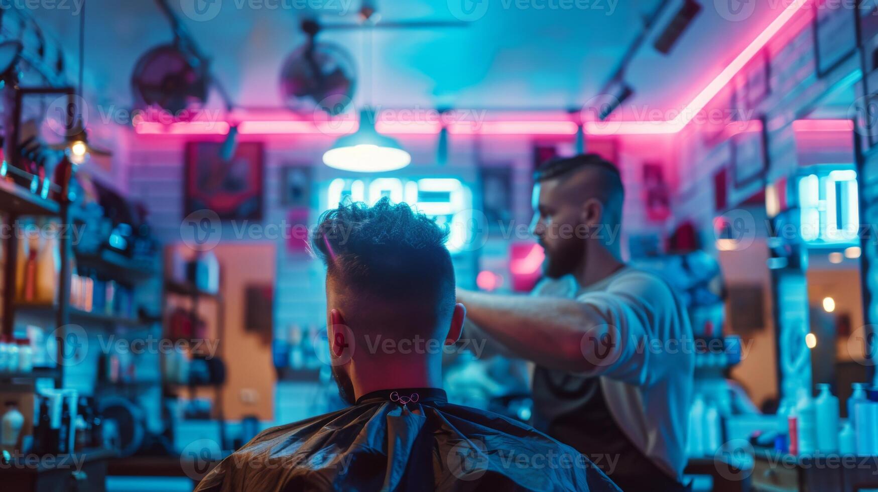 A barber skillfully cuts a man's hair in a stylish barbershop filled with colorful neon lights. The atmosphere is energetic, inviting clients to enjoy trendy grooming. photo
