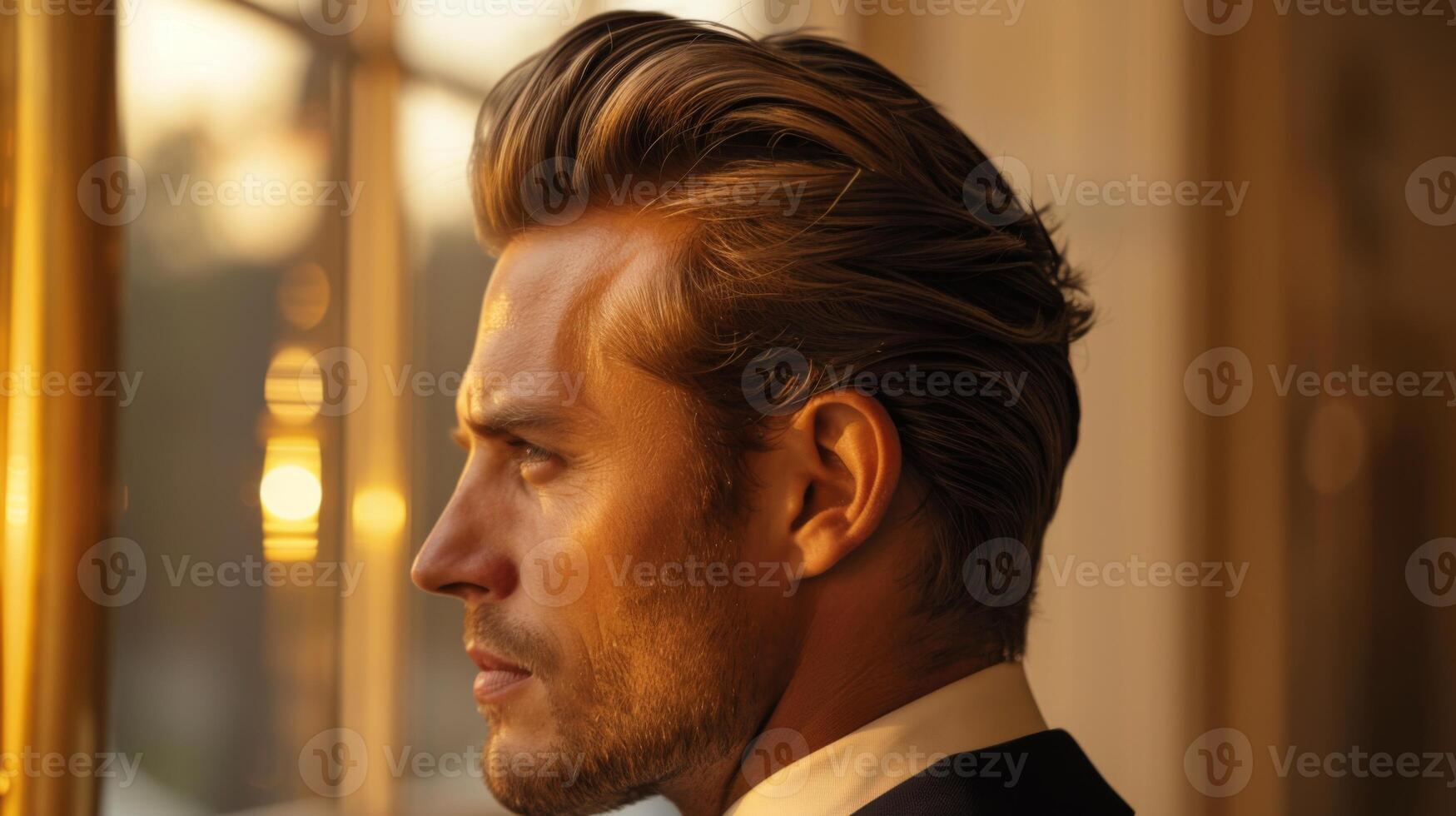 A stylish man is seen looking contemplatively out of a window during golden hour. The warm light enhances his features and sleek hairstyle, creating an atmosphere of sophistication. photo
