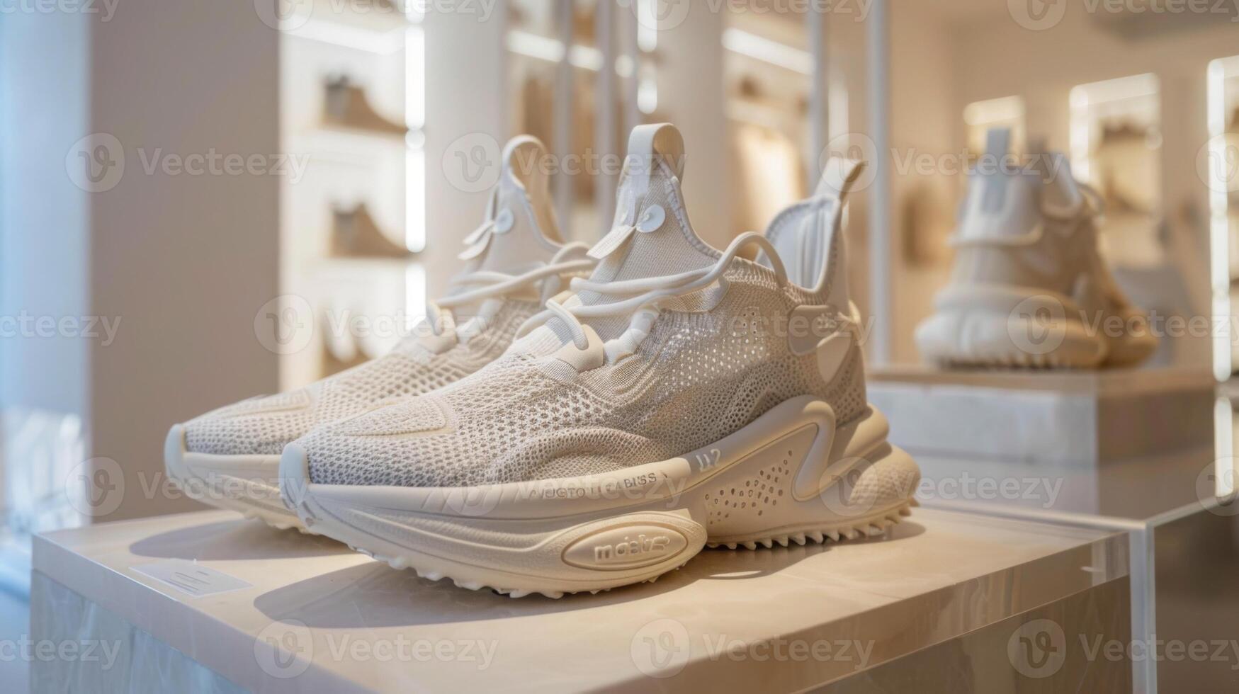 Sleek white trainers are featured on a display inside a contemporary retail store, showcasing their unique design and premium materials under soft lighting, attracting customer attention. photo