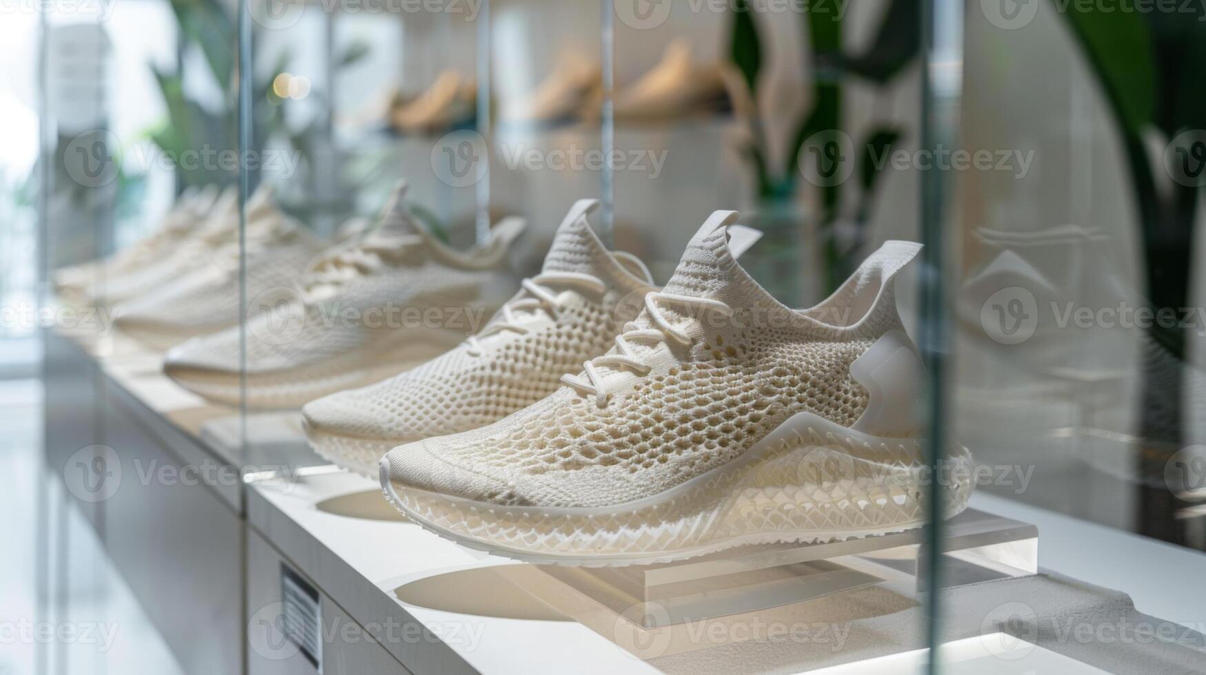 High tech sneakers are elegantly showcased in a contemporary retail environment, spotlighting their unique design and craftsmanship in a bright and airy space. photo