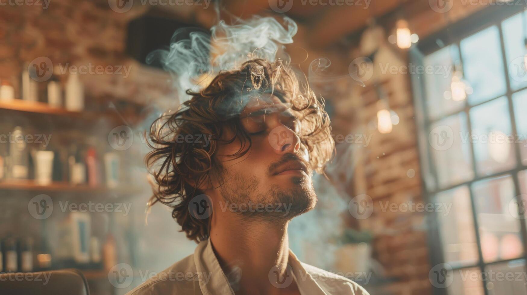 A young man with curly hair sits peacefully in a warm cafe filled with soft light. Smoke curls around him as he lost in thought, creating a serene atmosphere. photo