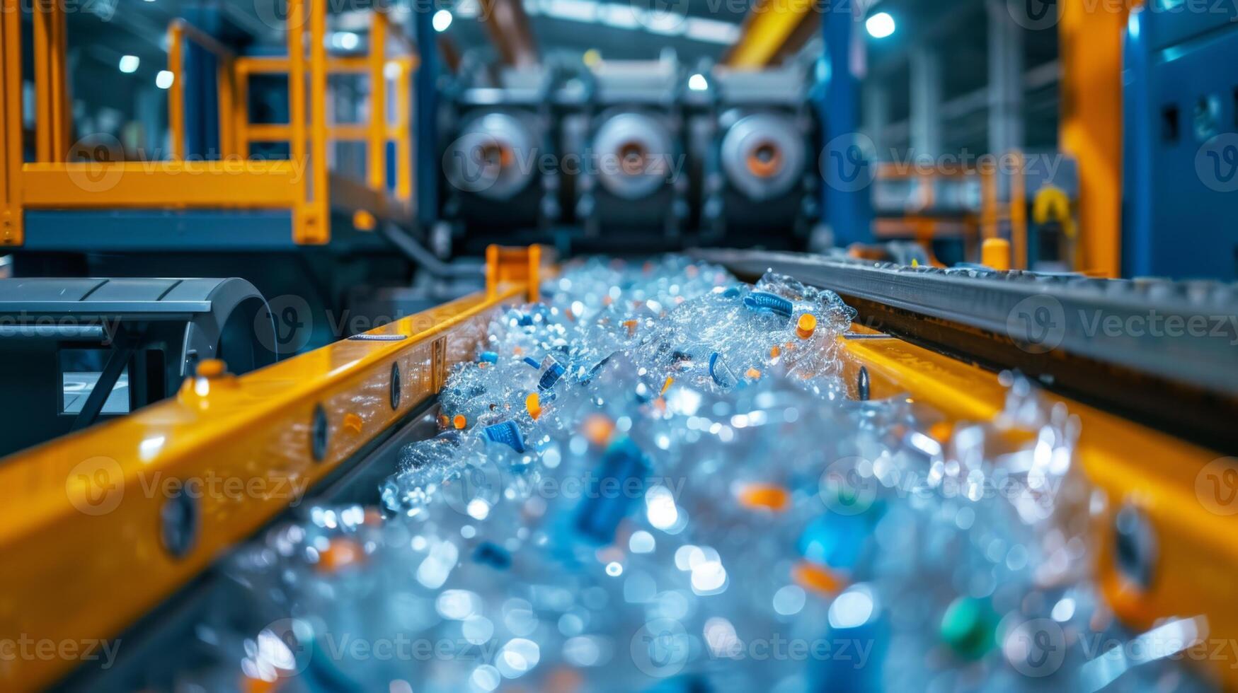 A conveyor belt is lined with discarded plastic bottles, highlighting the recycling process in an industrial setting during daylight hours. Workers focus on sorting and processing. photo