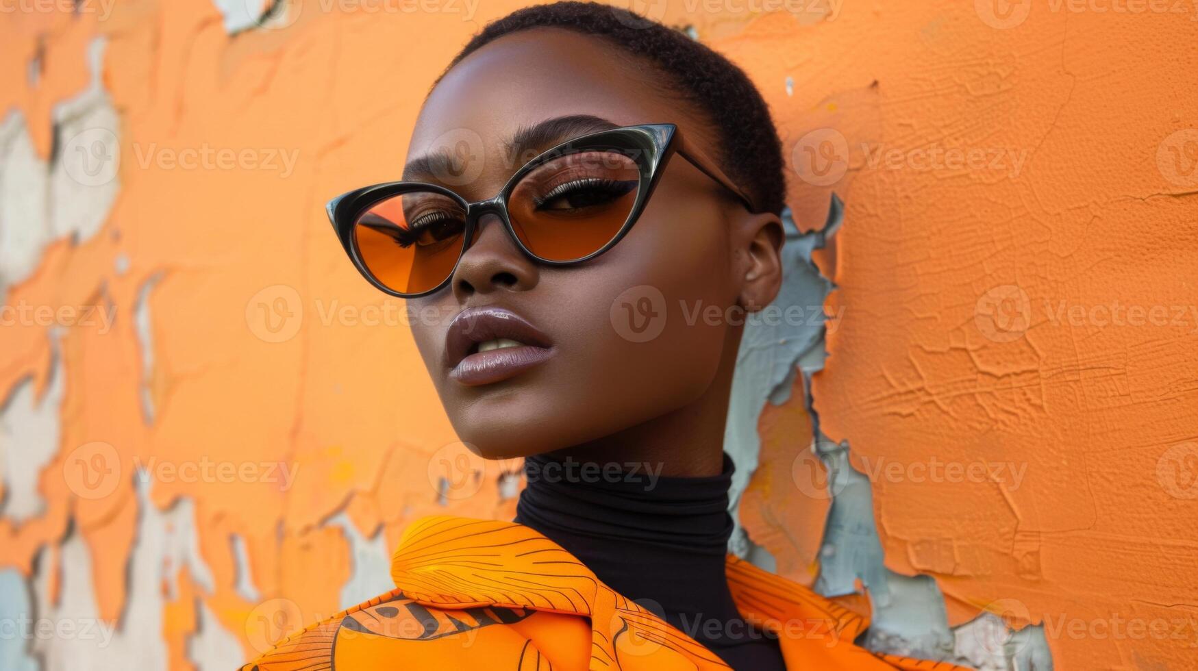 A model stands confidently in front of a textured orange wall, wearing fashionable sunglasses and a striking ensemble, capturing the essence of modern fashion in an urban environment. photo