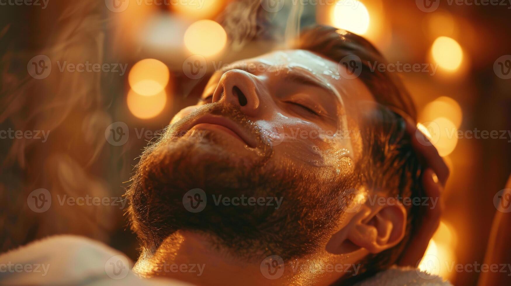 Man enjoys a rejuvenating facial treatment, adorned in a spa robe, as warm steam envelops him in a tranquil setting illuminated by soft lights. photo