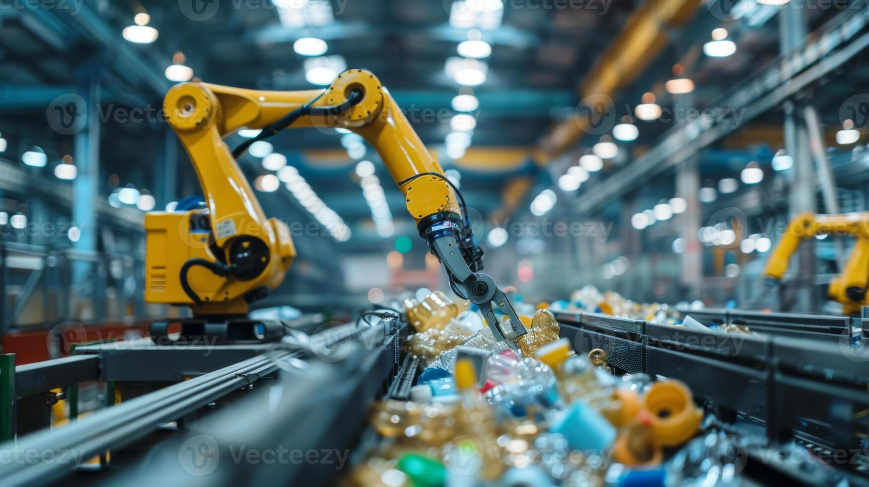 A robotic arm moves efficiently to sort plastic bottles and other recyclables, on a conveyor belt inside a busy industrial facility under bright lighting conditions. photo