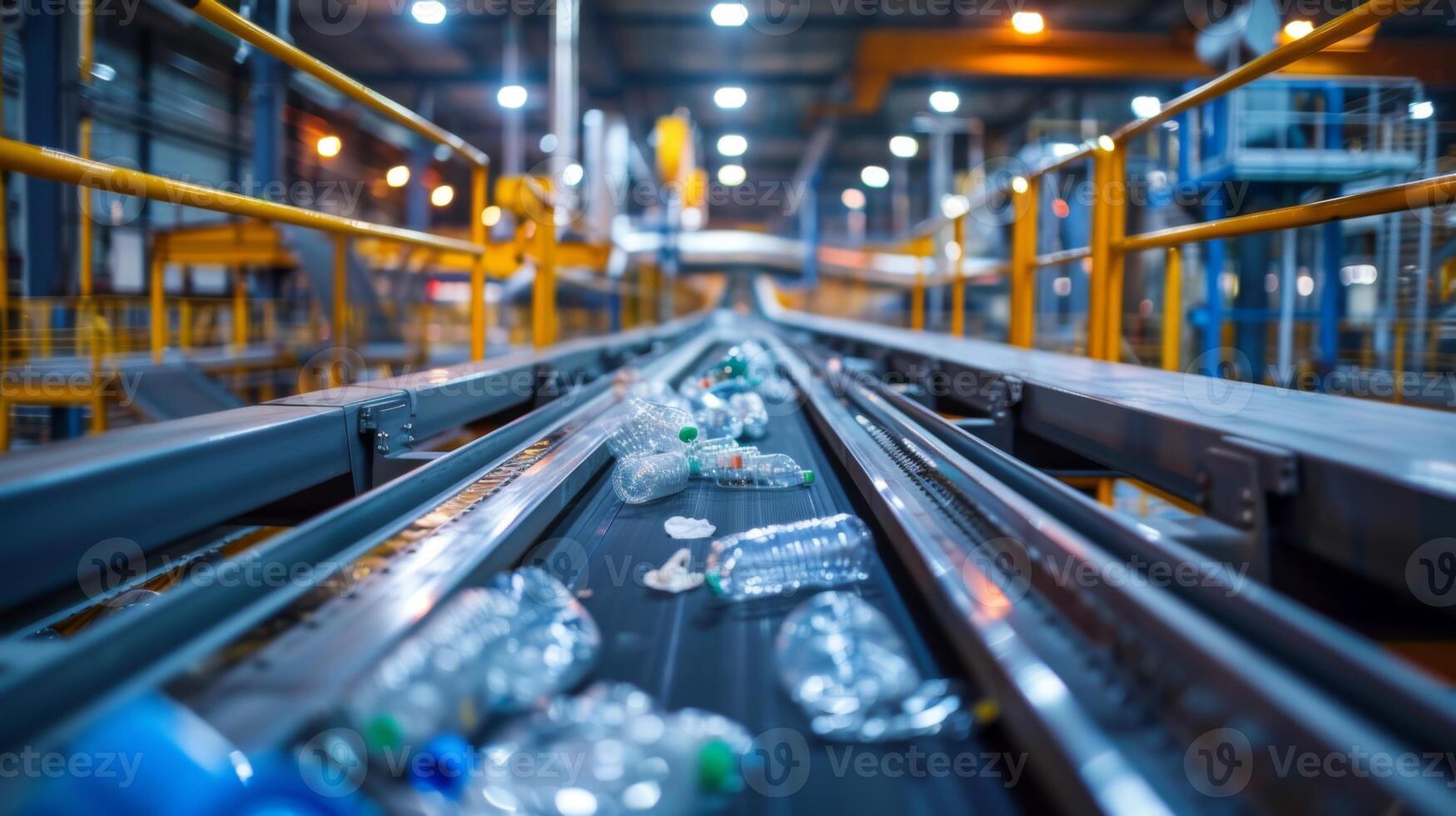 Plastic bottles and containers are being sorted and processed on a conveyor system inside a recycling facility during daytime operations with artificial lighting. photo