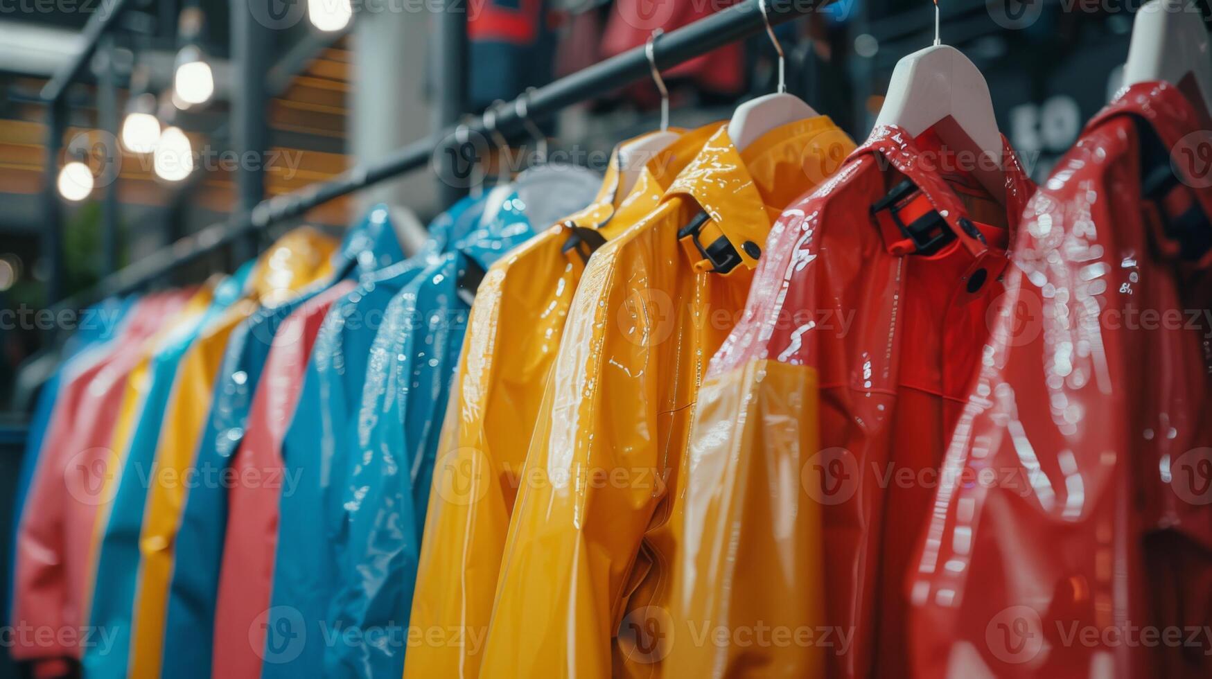 Rows of shiny, colorful waterproof jackets hang neatly in a retail store, highlighting a variety of styles perfect for rainy days and outdoor activities in a modern environment. photo