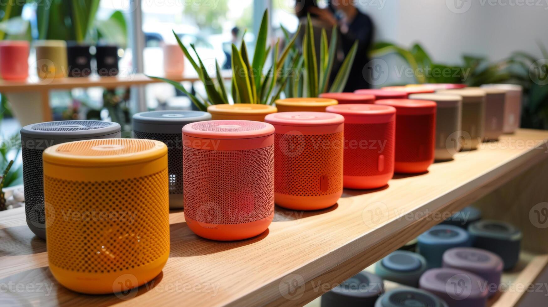 Various colorful portable speakers line a wooden shelf in a bright shop filled with plants and people engaged in conversation, highlighting contemporary audio innovation. photo