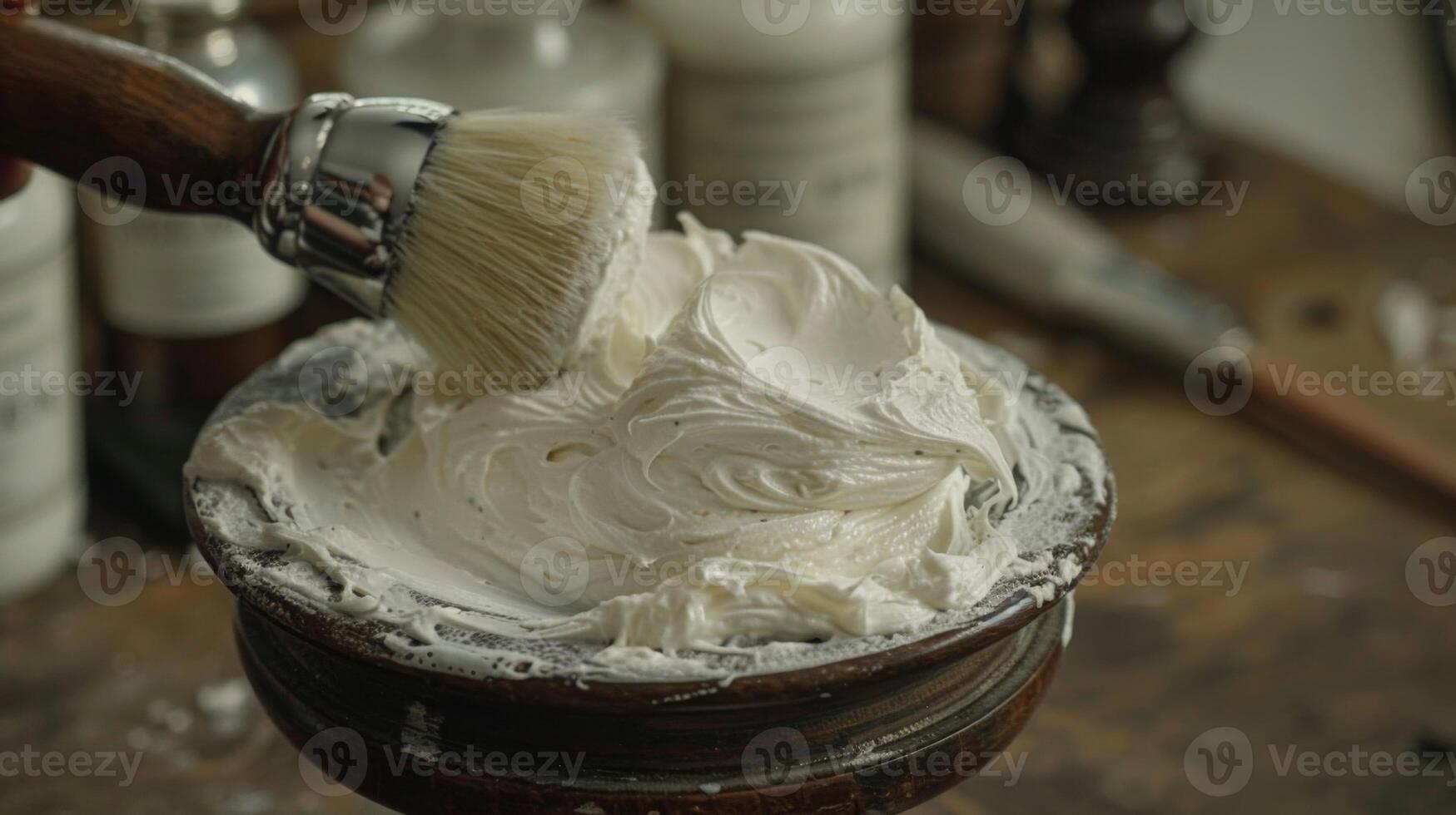 A hand gently swirls a shaving brush into a bowl of creamy white lather, preparing for a classic wet shave in an old fashioned grooming space filled with tools. photo
