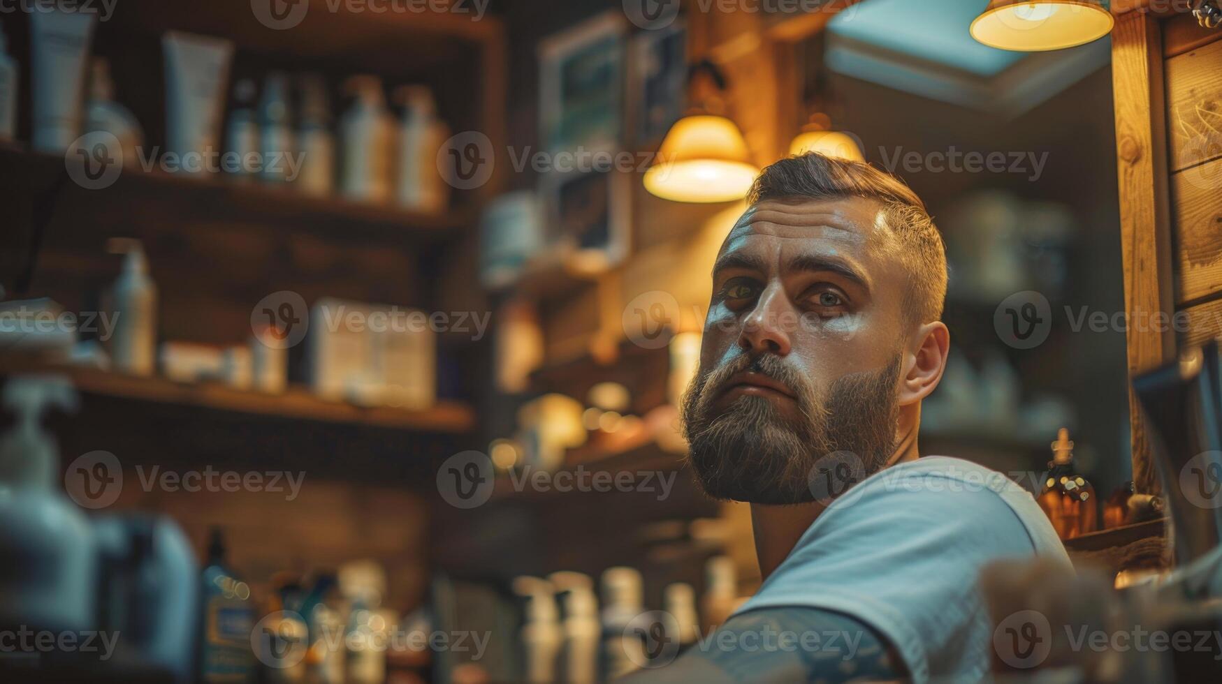 A man sits at a barber shop, gazing towards the camera as the barber prepares for a haircut. The warm lighting and wooden decor create a friendly setting for grooming. photo
