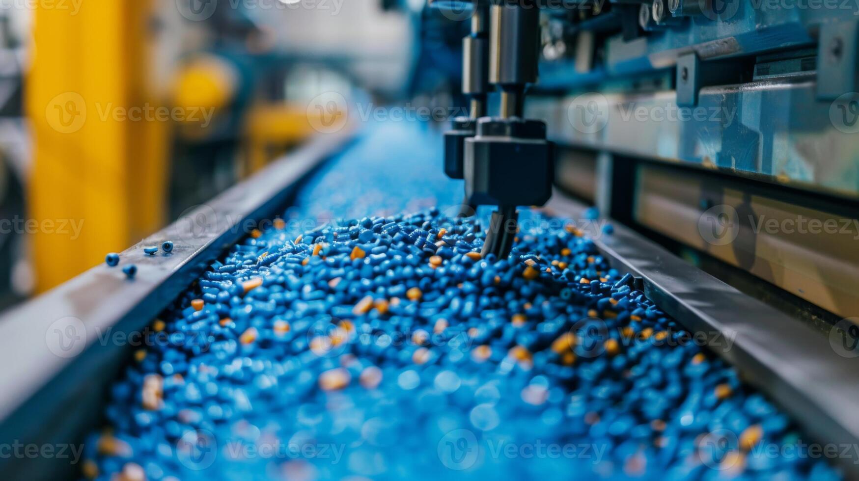 Capsules in various colors are being transported on a conveyor belt in a pharmaceutical production area, showcasing the manufacturing process and quality control. photo