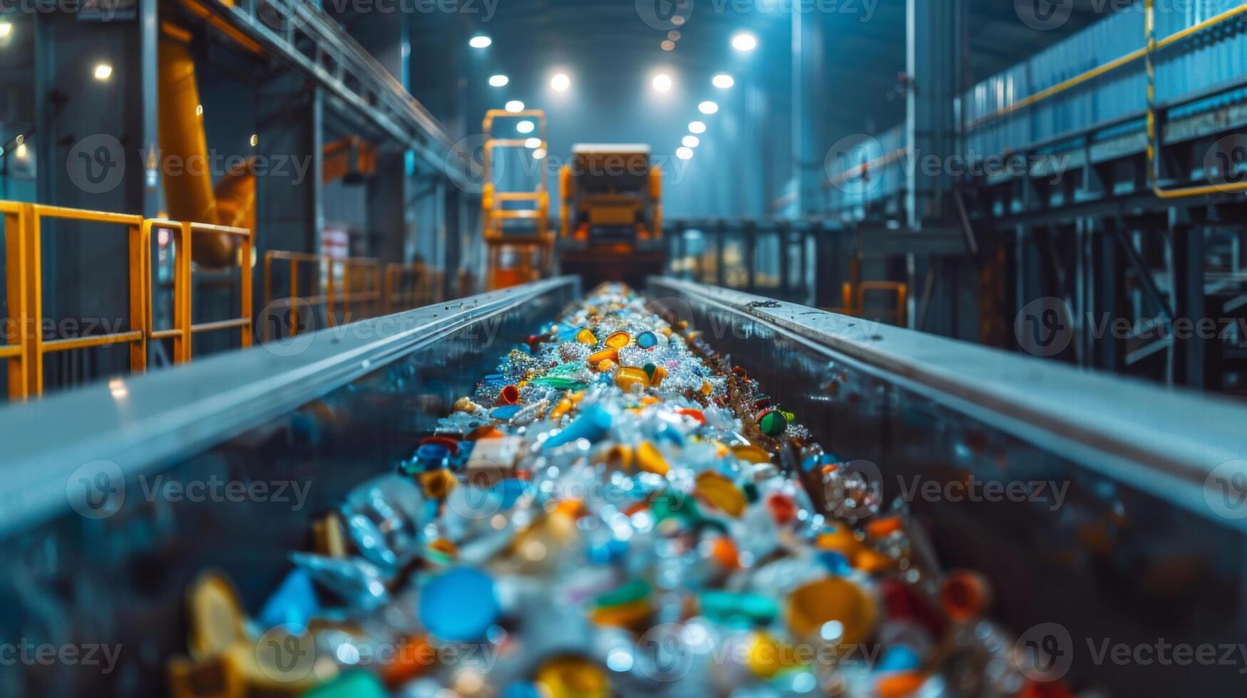 Conveyor belt transports mixed plastic waste through a recycling facility, illuminated by overhead lights, showcasing the importance of waste management and recycling practices. photo