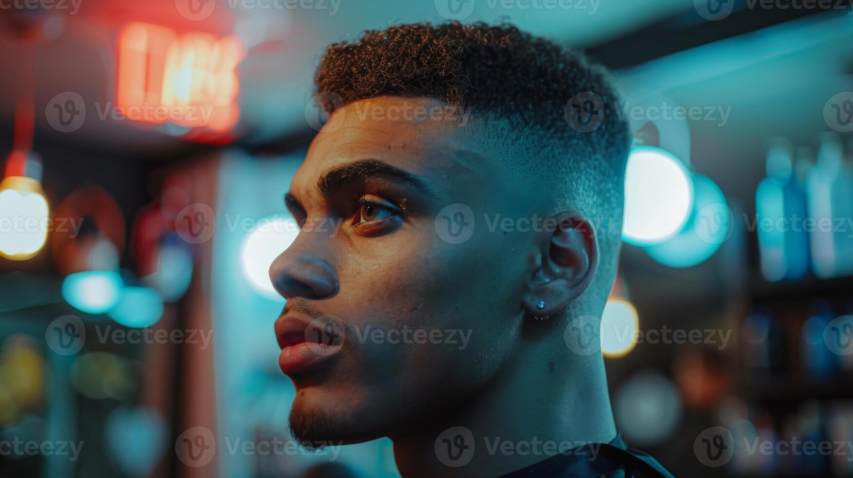 A young man is seen with a fresh haircut in a barbershop, surrounded by colorful lights that create a vibrant atmosphere during the evening hours in an urban environment. photo