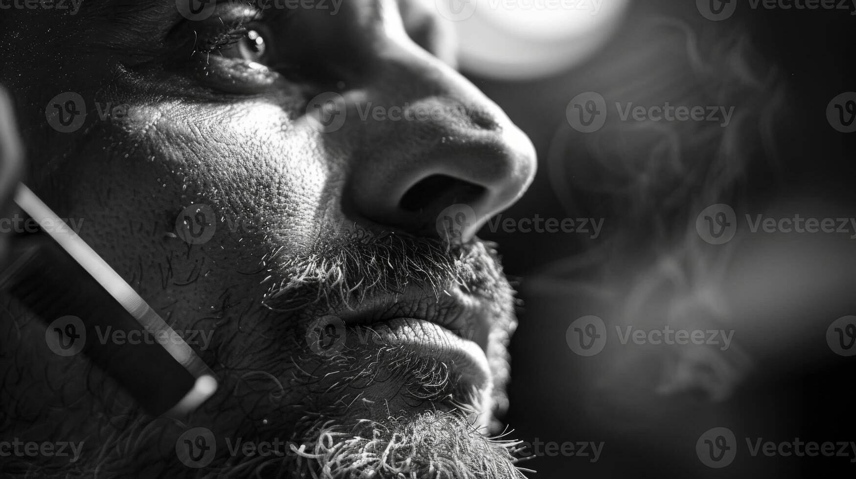 A person gazes intently while holding a device near their ear, with soft smoke curling upward in a moody atmosphere, highlighting details on their face and in the background. photo